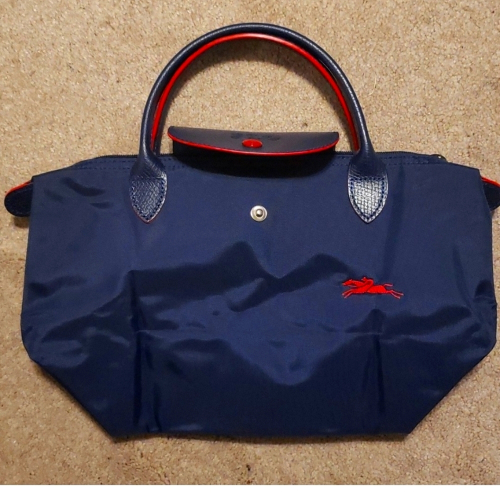 Long Champ Navy Blue Tote Bag with Red Accents
